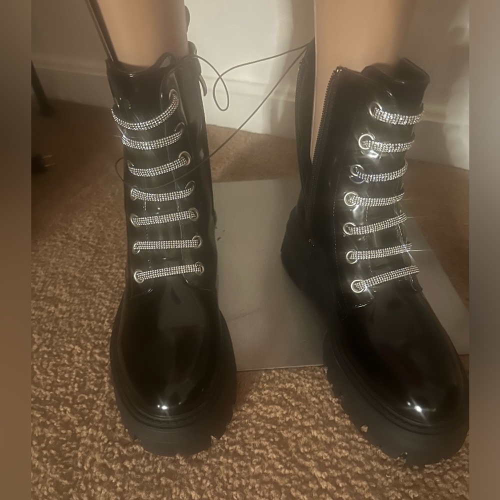 Rhinestone Faux Leather Combat Boots